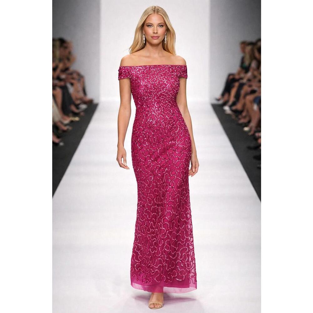 ADRIANNA PAPELL Orchid Magenta Fuchsia Sequin Beaded Off-Shoulder Maxi Gown 6 US